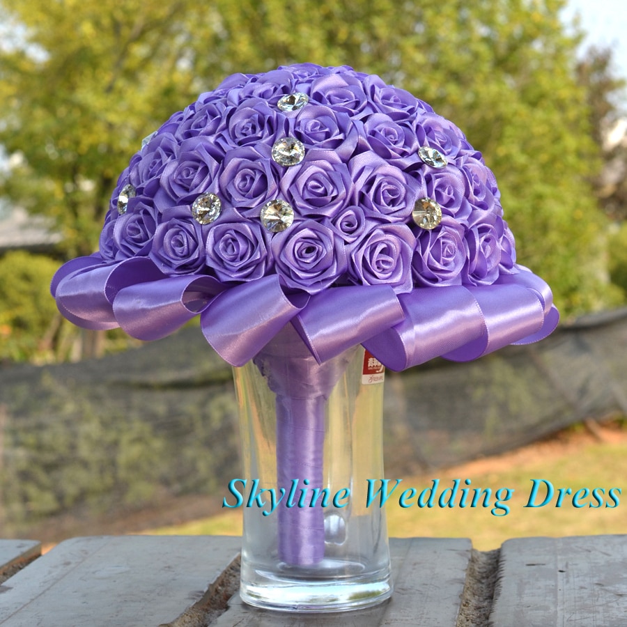 Real Photos Gorgeous Diamond Wedding flowers Light Purple Silk Bridesmaid Bridal Bouquets artificial Crystal Wedding Bouquet