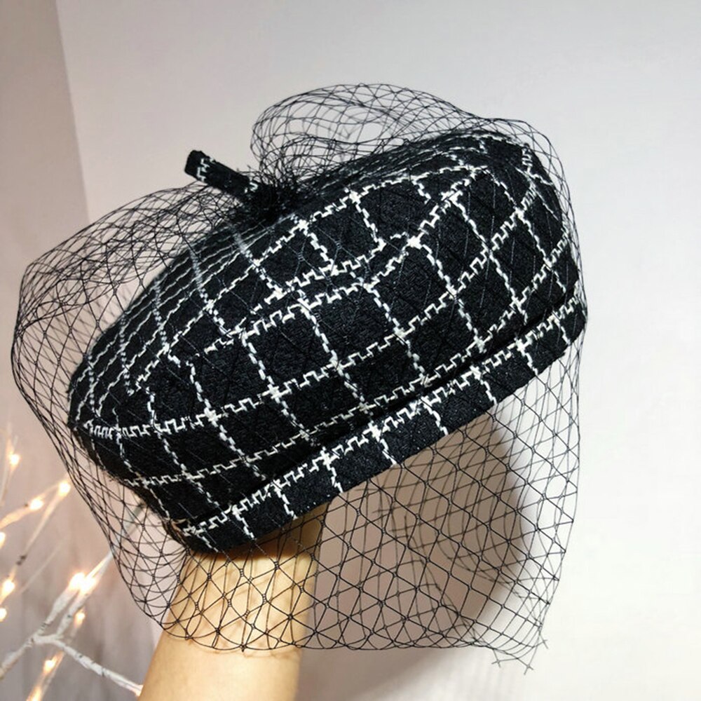 JOEJERRY Wol Baret Vrouwelijke Franse Hoed Tweed Baret Plaid Hoed met Sluier Voor Bruiloft