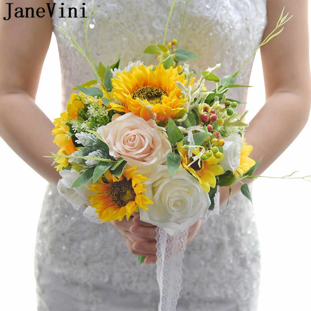 JaneVini – Bouquet de mariée tournesol jaune, fausses fleurs, feuilles vertes, roses artificielles, broches de mariée,