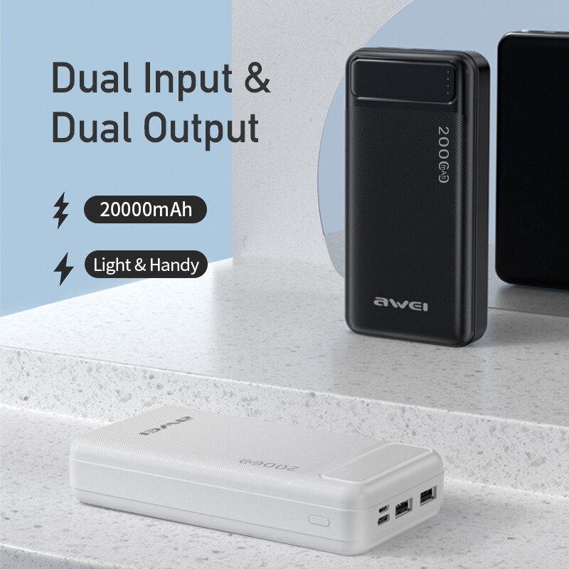 Awei P6K 20000Mah Draagbare Power Bank Dual Type A Usb A En Type C Micro Dual Input Snelle Lading voor Werk Reizen Voor Mobiele Telefoon