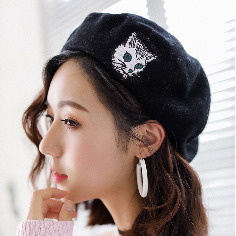 Køligt forår efterår vinter kunstner hue hue kvinder piger maler kasket baret broderi smil ansigt kat rose solid hue baret hat: Kat sort