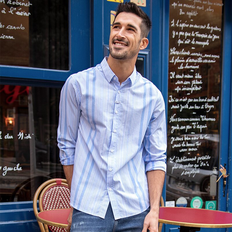 KUEGOU-camisas de algodón 100% para hombre, ropa a rayas de , Top de manga larga de , talla grande, BC-20514: XXXL