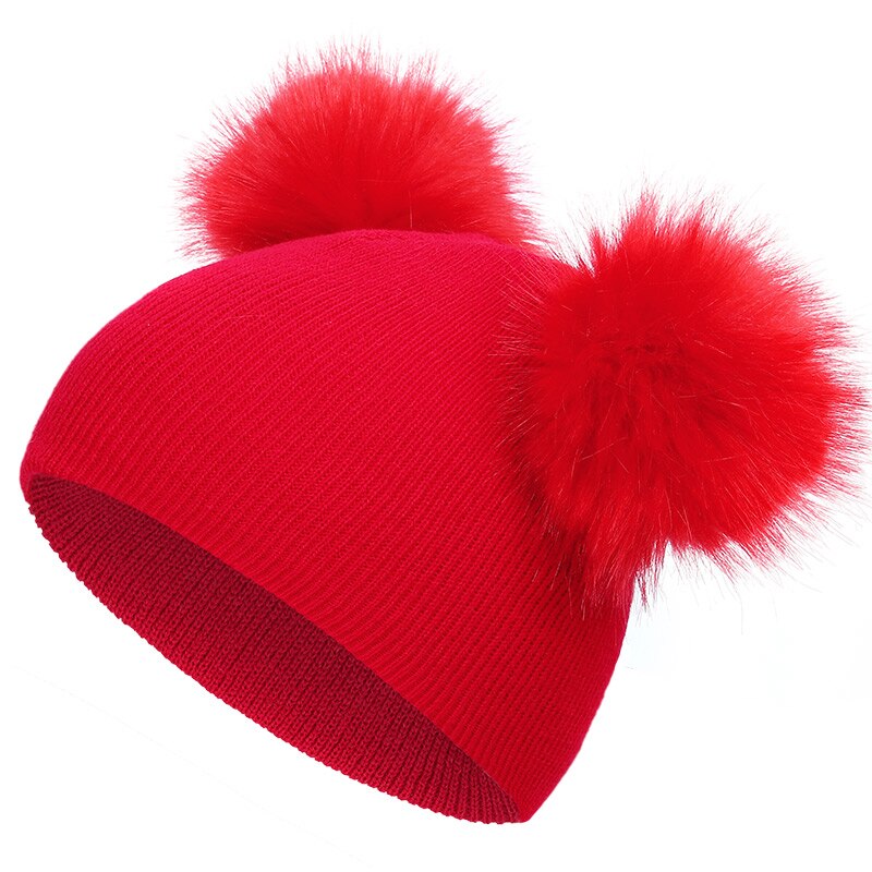 Winter Wool Hat Knit Beanie Fur Pom Pom Hat Baby Boys Girls Cap 1-3Y Children Hat Toddler Kids Baby Warm: Red