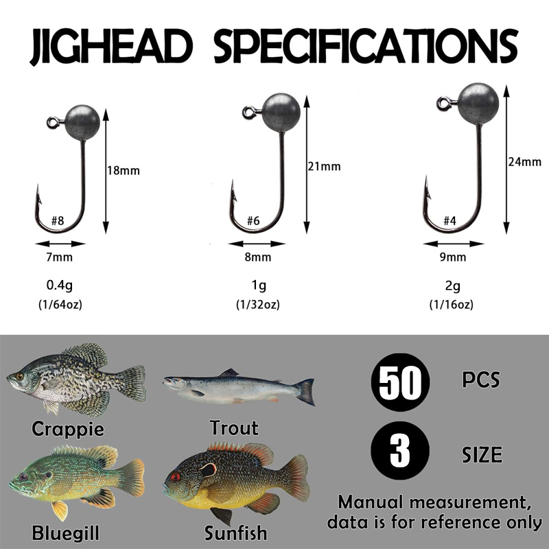 Juego de anzuelos de pesca de Color Original, accesorios de pesca de carpa, cabezal de anzuelo, equipo de artículos de pesca, tipo de pez de pesca de 0,45/1/2g, 50 Uds.