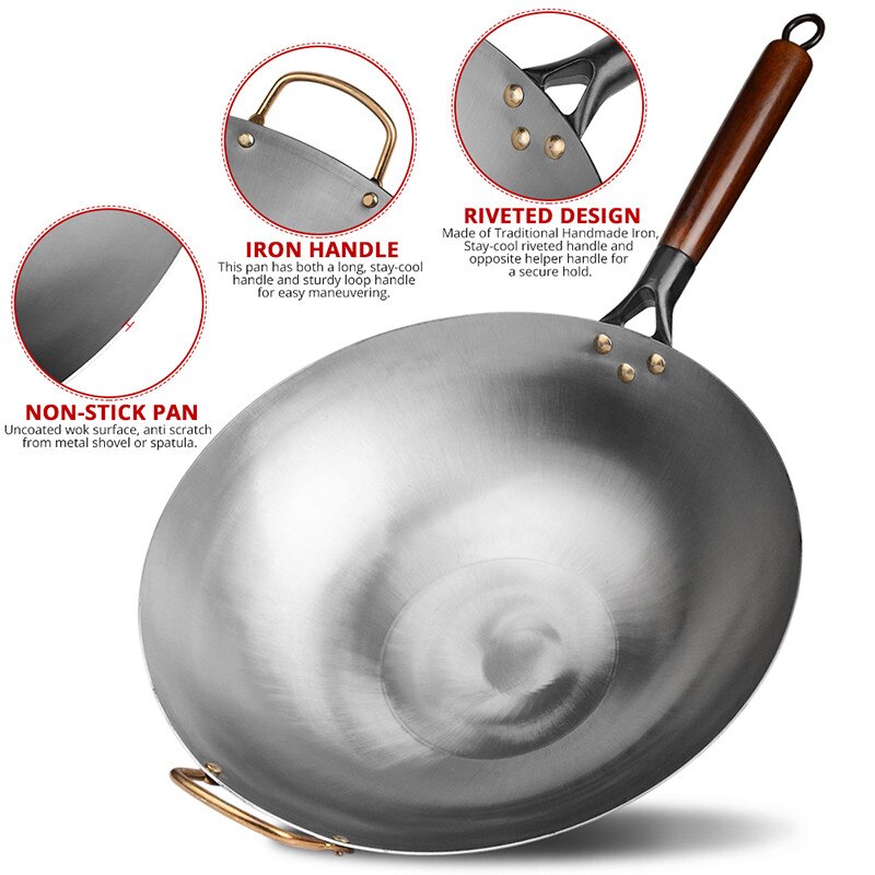 Sartén de Wok de hierro fundido, Wok tradicional chino antiadherente con asas de madera resistentes al calor, ollas de cocina de Gas, utensilios de cocina