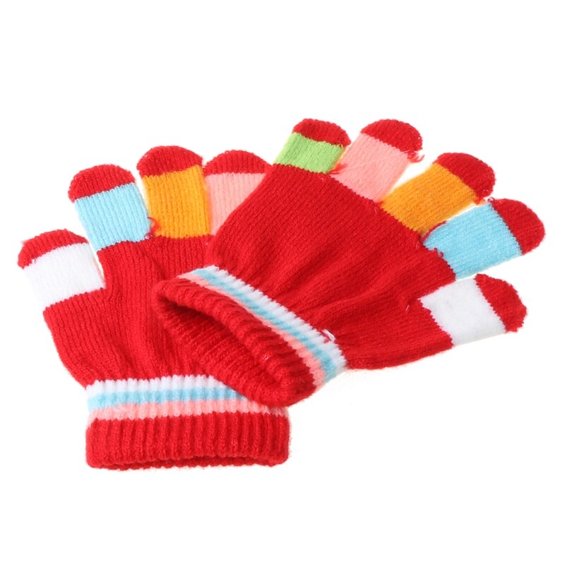 1 Paar Kids Handschoenen Volledige Vinger Warme Winter Kinderen Kleurrijke Streep Gebreide Jongens Meisjes Effen Handschoen Multi Kleur Elastische