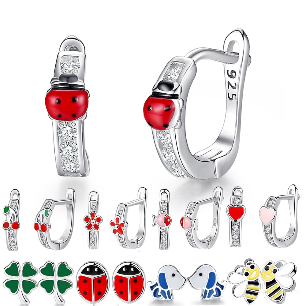 Natale 925 Sterling Silver smalto trifoglio coccinella ape orecchini per le donne ragazze bambini bambini gioielli di moda regalo Bijoux