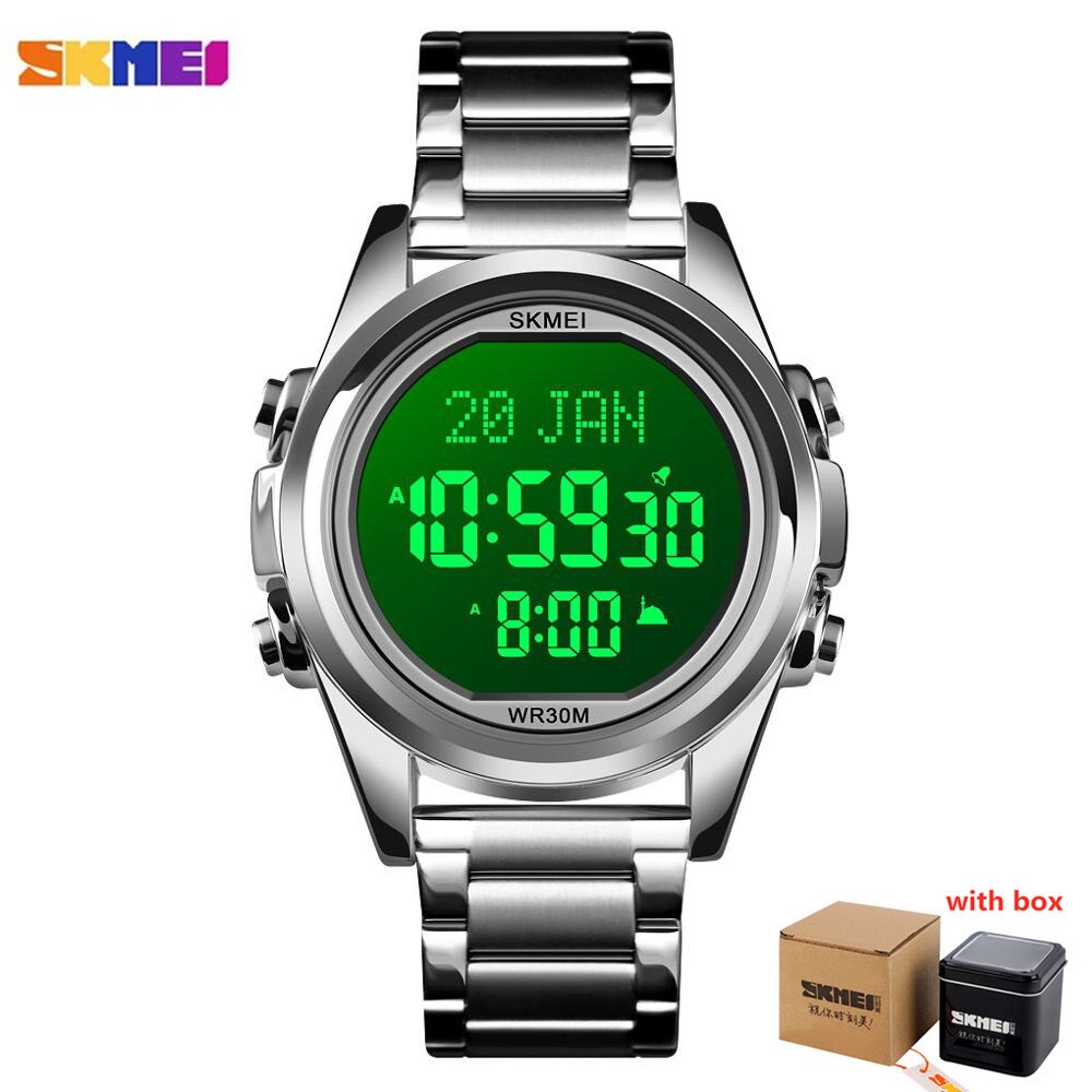 Skmei Moslim Azan Klok Horloge Voor Gebed Met Qibla Kompas Adhan Alarm Hijri Kalender Islamitische Al Harameen Fajr Tijd Horloge: silver B with box