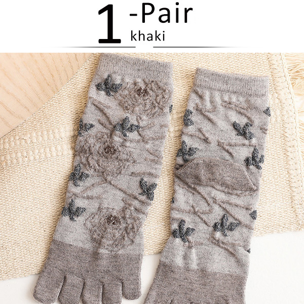 Meia curta com cabelo de coelho, de boa qualidade, feminina, com dedos, flores, harajuku, meias de cinco dedos, tecer, moda, novidade sólida, venda quente: Cáqui