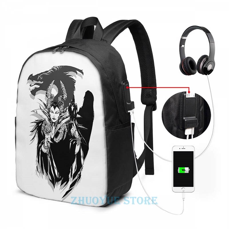 Mochila con estampado gráfico maléfica, mochila con carga USB para hombre, mochilas escolares para mujer, bolsa de viaje para ordenador portátil: USB Backpack 17 in