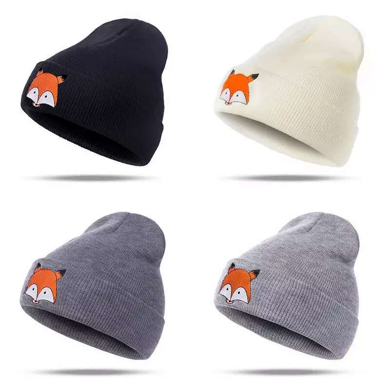 Sød rævebroderi strikhue vinter mand kvinde kasket solid strikket unisex uldblandinger blød varm hue piger drenge kasket
