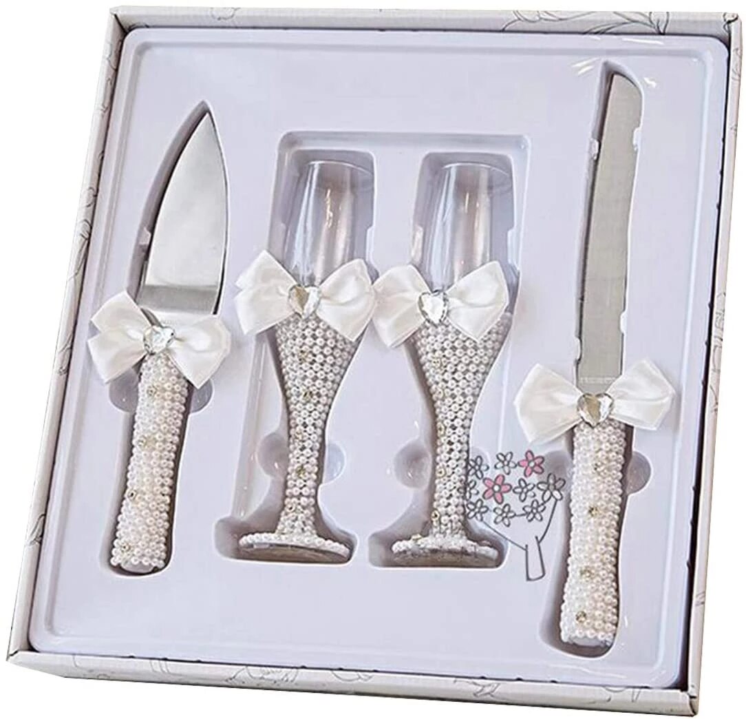 4Pcs Wedding Supplies Cake Knife Pie Server Set and Champagne Glasses Bride Groom for Banquet Birthday Decor Performance