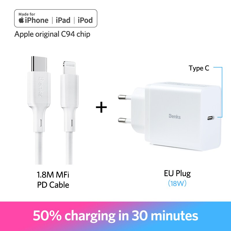 Benks MFi PD Kabel Typ C Für Apfel Hafen Schnelle Ladekabel Für iPhone X/Xs/Xr/ 8 Plus PD Energie Adapter USB C Kabel Für iPad Profi: 1.8M EU stecker