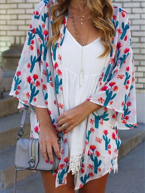 Zomer Vrouwen Lady Boho Beach Cover Up Kant Bloemen Vest Kimono Chiffon Blouse: WHITE / L