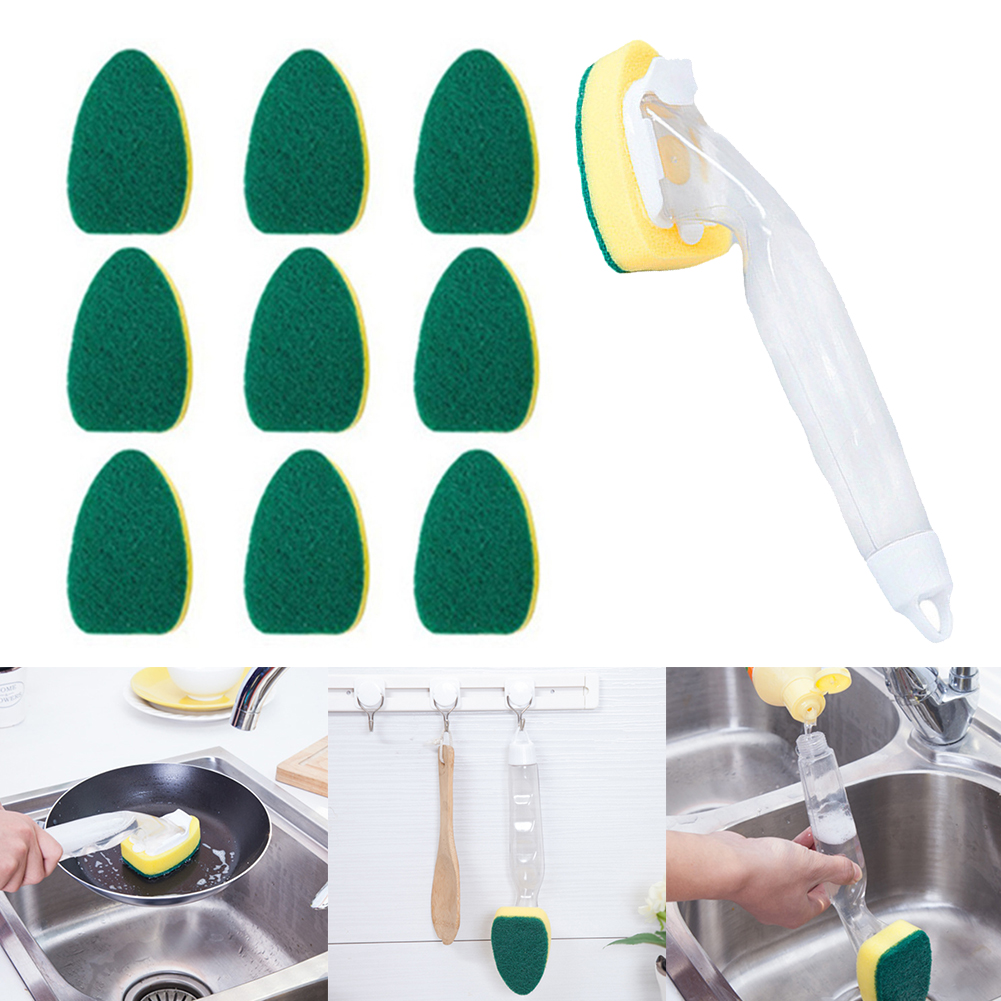 Spazzola per la pulizia del manico lungo del sapone con testina rimovibile Dispenser di sapone in spugna Set di spazzole per il lavaggio dei piatti utensili da cucina