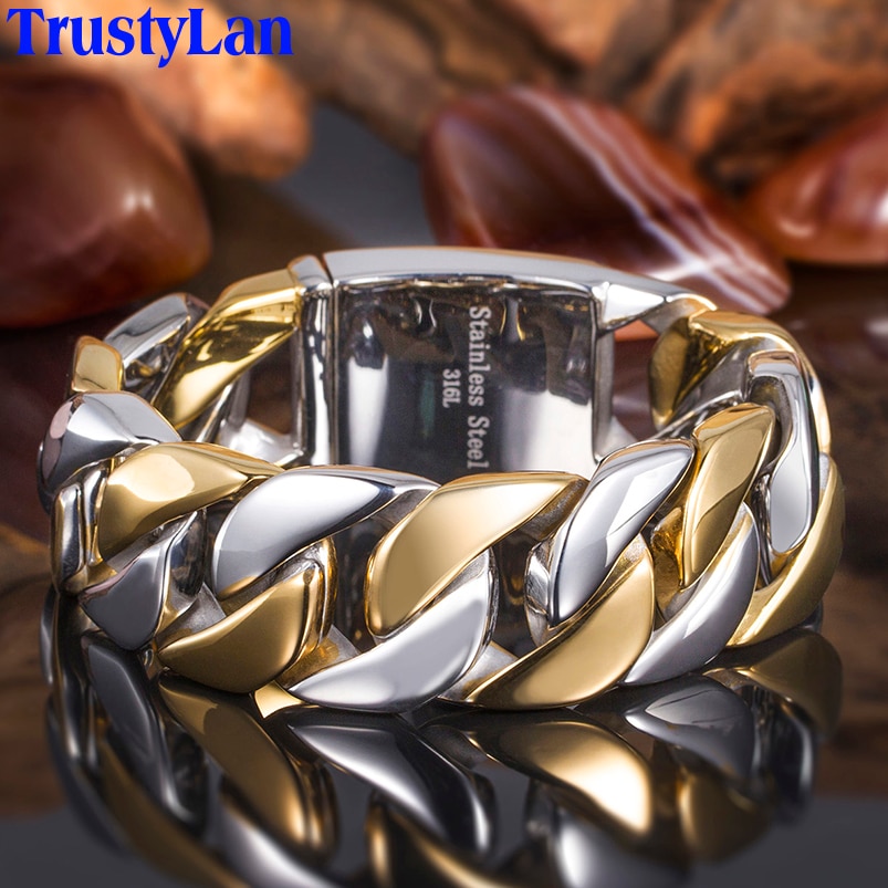 TrustyLan 23MM Wide Thick Chain Solid Golden Stainless Steel Men Bracelet Biker Jewelry Friendship Mens Bracelets & Bangles