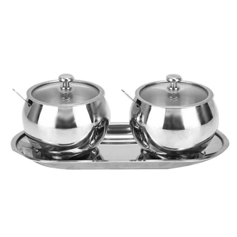 Sucrier avec couvercle et cuillère, 2 saladier inox Pots à épices ensemble Pots à condiments, argent