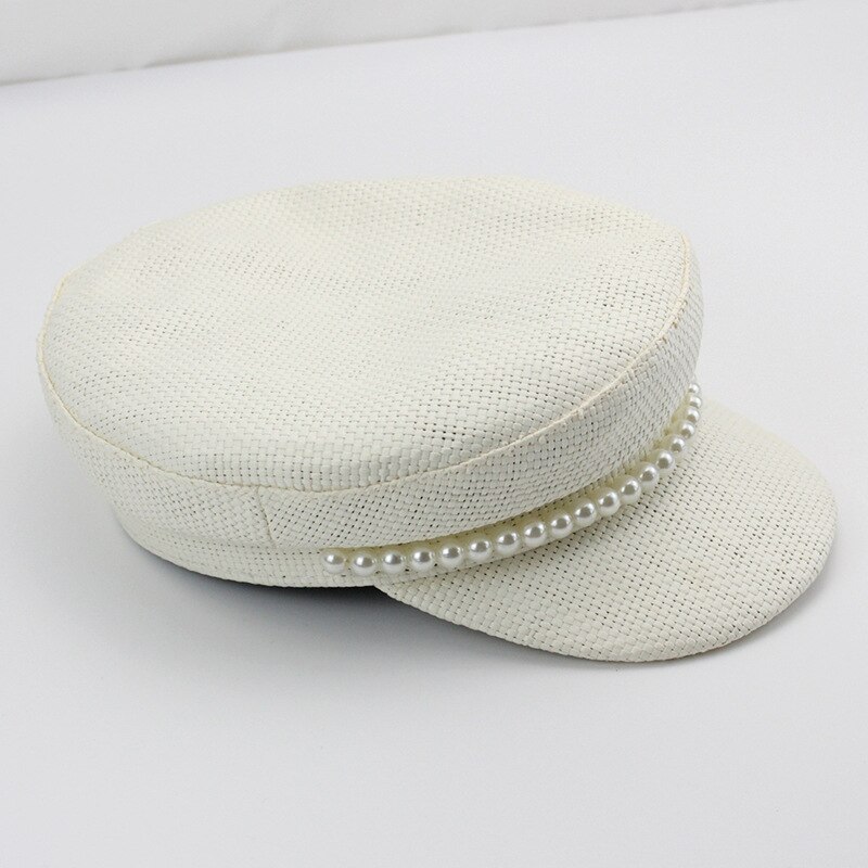 Kvinders britisk stil bomuldslinned vævet strik beret cap flad cap efterligning perle marineblå hat: Hvid