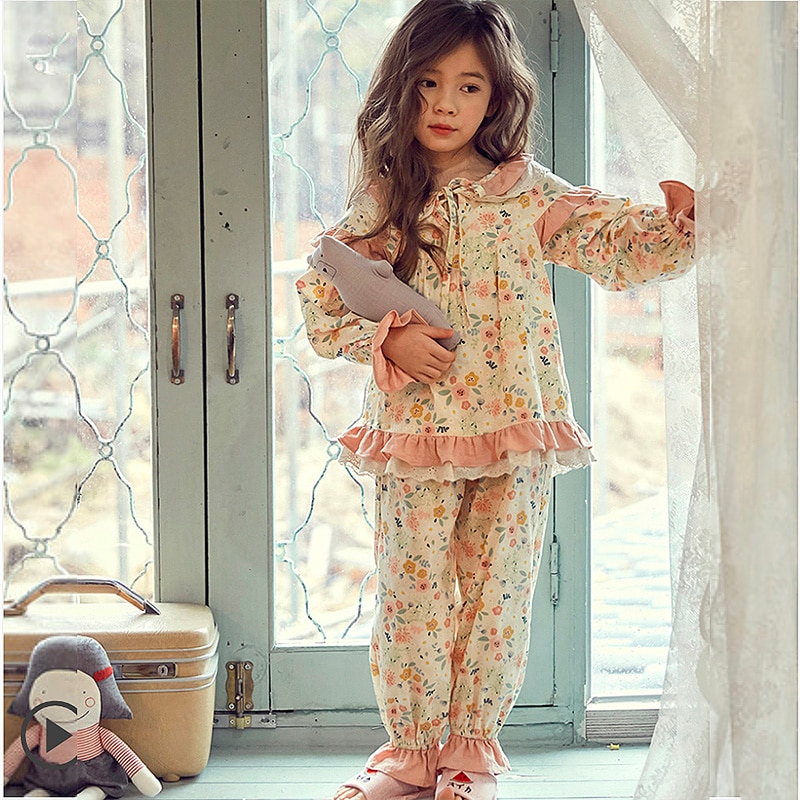 Kid Meisje Lolita Katoen Bloemen Pyjama Sets.Vintage Peuter Kid &#39;S Bloemen Pyjama Set Slaap Loungewear. Kinderkleding