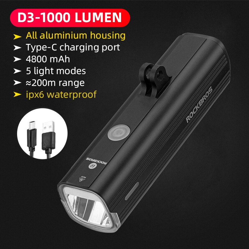 Rockbros cykellygte til gopro holder igs lysholder 1000 lumen cykellygte 4800 mah cykel forlygte flash cykellygter: D3-1000