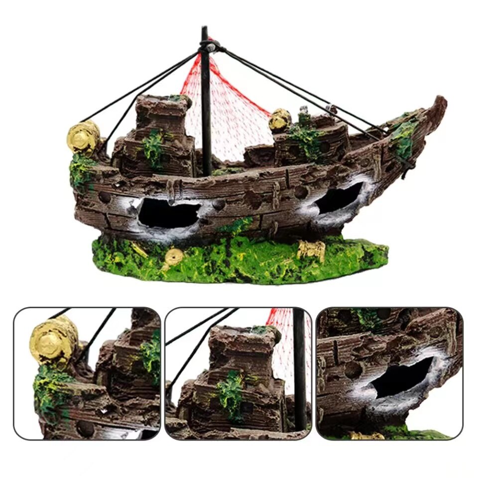 Aquarium Fish Tank Decorations Theme Set Plastic Plants Fish Cave Aquarium Ornaments Pirate Ship Fish Tank Accessories Décor