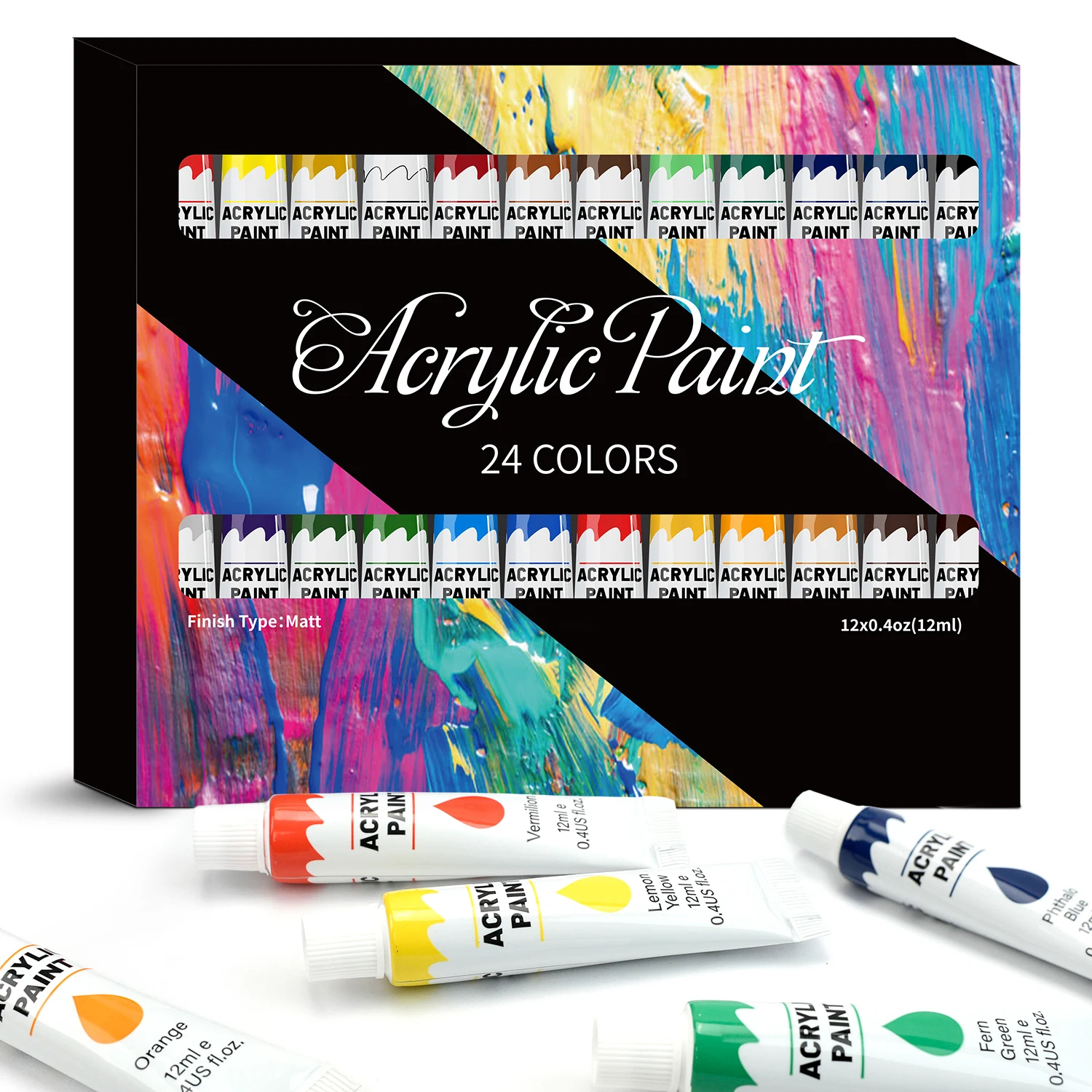 Acrylfarben-Set – 12/24 Farben, 12 ml, Kunst-Malset, Zubehör für Holz, Leinwand, Stoff, Stein, Glas – ungiftige Acrylfarbe: Black
