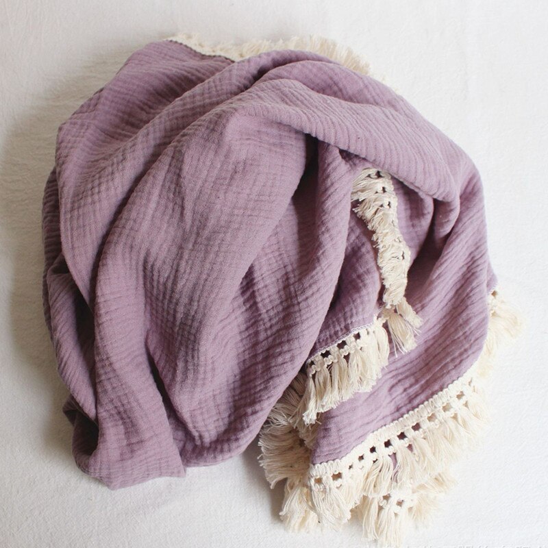 Bomullsmuslin bebis flicka pojke filtar nyfödd linda filt tofs bebis mottagande filt spädbarn sova täcke sängöverdrag: Ljuslila / 80 x 65cm