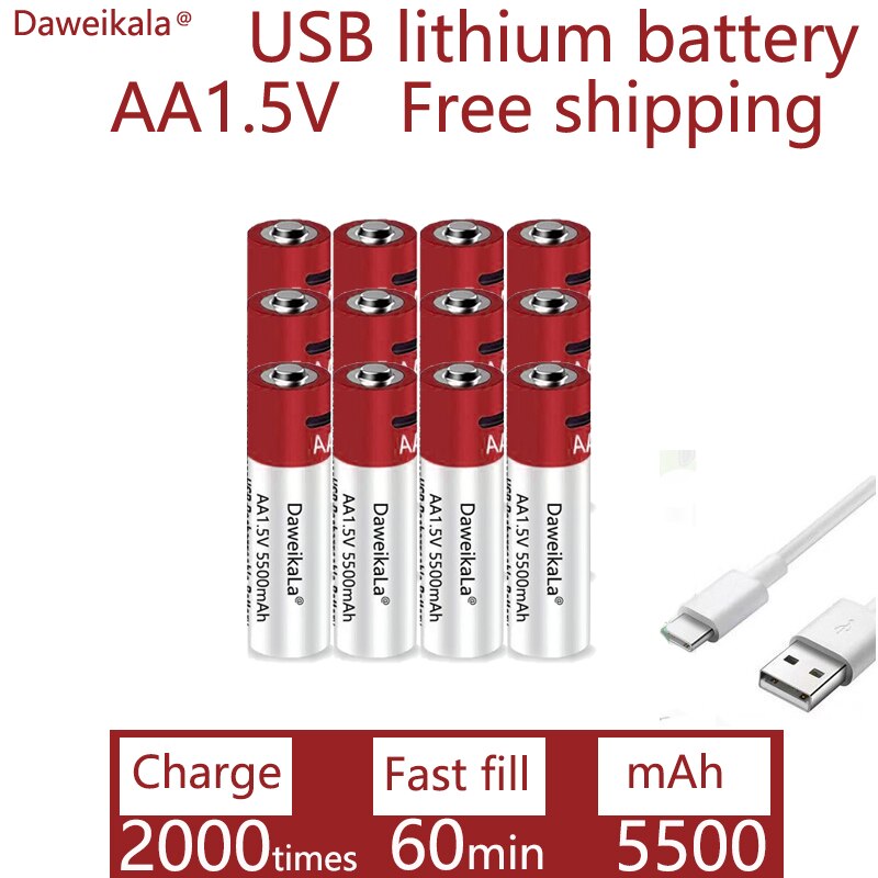 Daweikala-Batería de iones de litio recargable por USB para juguetes, reloj con termómetro, reproductor MP3, teclado, AA, 1,5 mah, 5500 V