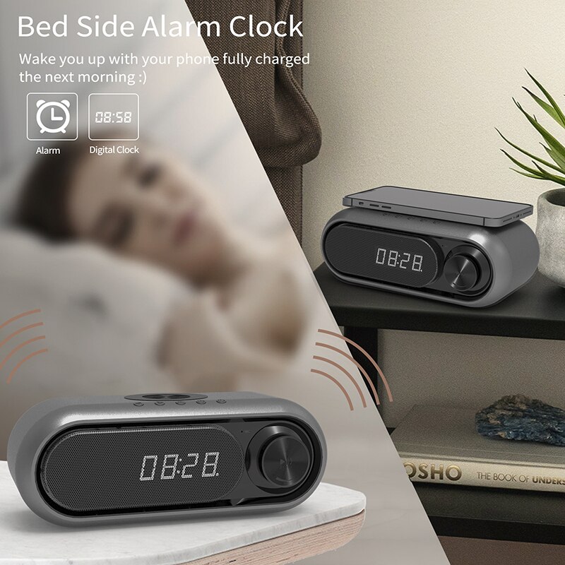 Speaker Bluetooth Digital Wireless Charging Alarm Clock FM Radio,10W Fast Wireless Charger Station for IPhone/Samsung Galaxy