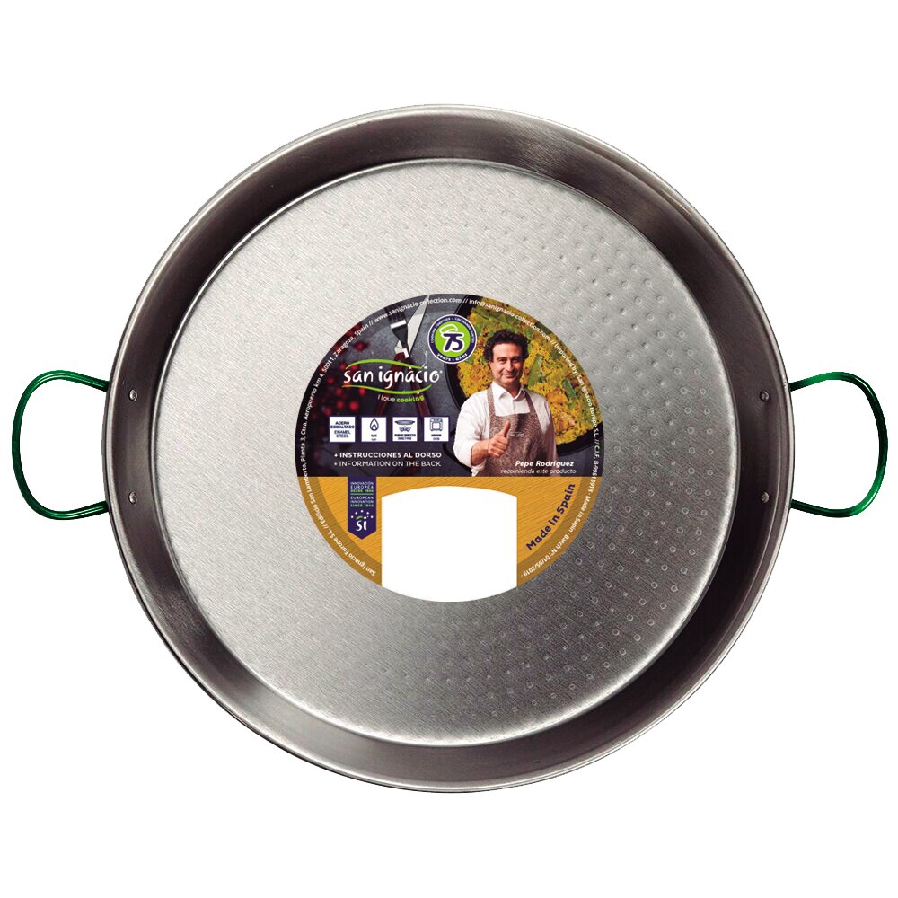 Paellera SAN IGNACIO de acero pulido 30 cm con 3 utensilios de cocina en nylon
