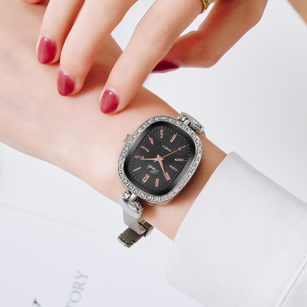 Reloj de pulsera con correa de malla plateada para Mujer, pulsera con esfera de diamante,