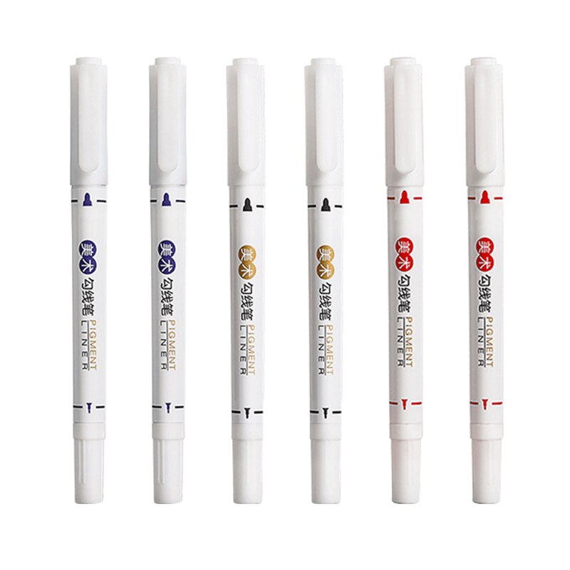 6Pcs/Set Art Marker Waterproof Permanent Dual Tip 0.5/1.0 mm Nib Black Blue Red Art Marker Pens Student School Office Stationery