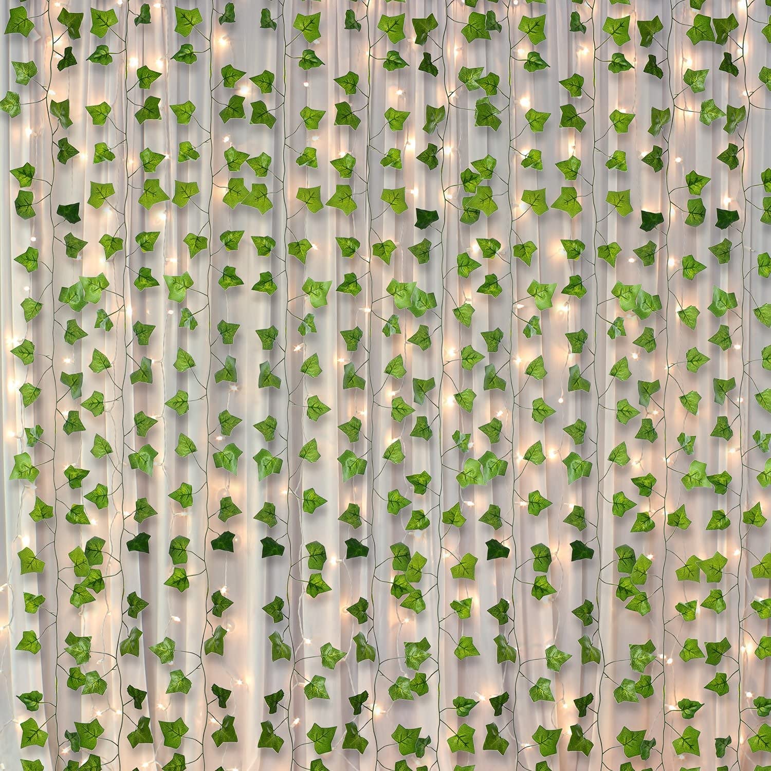 12 Pack Faux Leaf Vines Hanging Ivy Leaf Vine with 100 LED String Lights for Home Kitchen Garden Office Wedding Wall Decorations