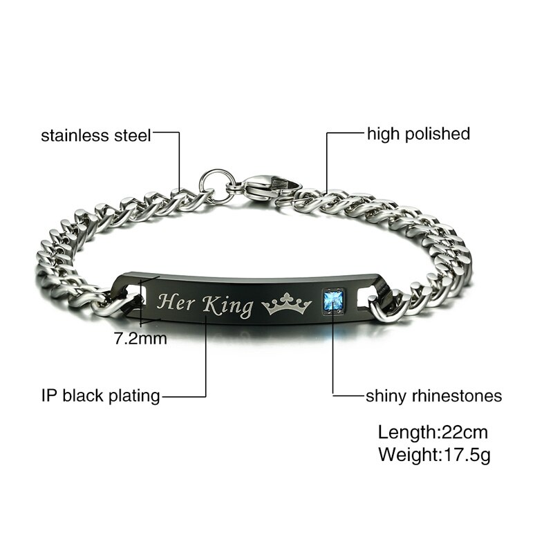 Romantic Couple His Queen Her King ID Bracelets Stainless Steel Shiny Crystal Bracelets For Lover Promise Jewelry