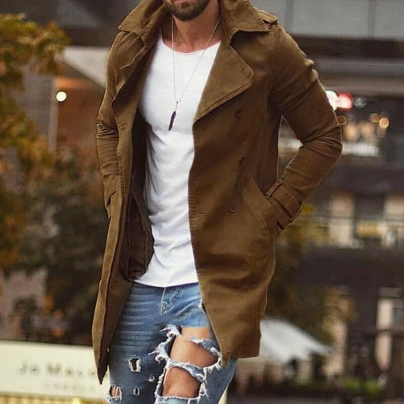 Trench kaki mâle classique automne hiver longue Trench manteau hommes décontracté ample Long manteau veste hommes pardessus Streetwear: khaki / XXL