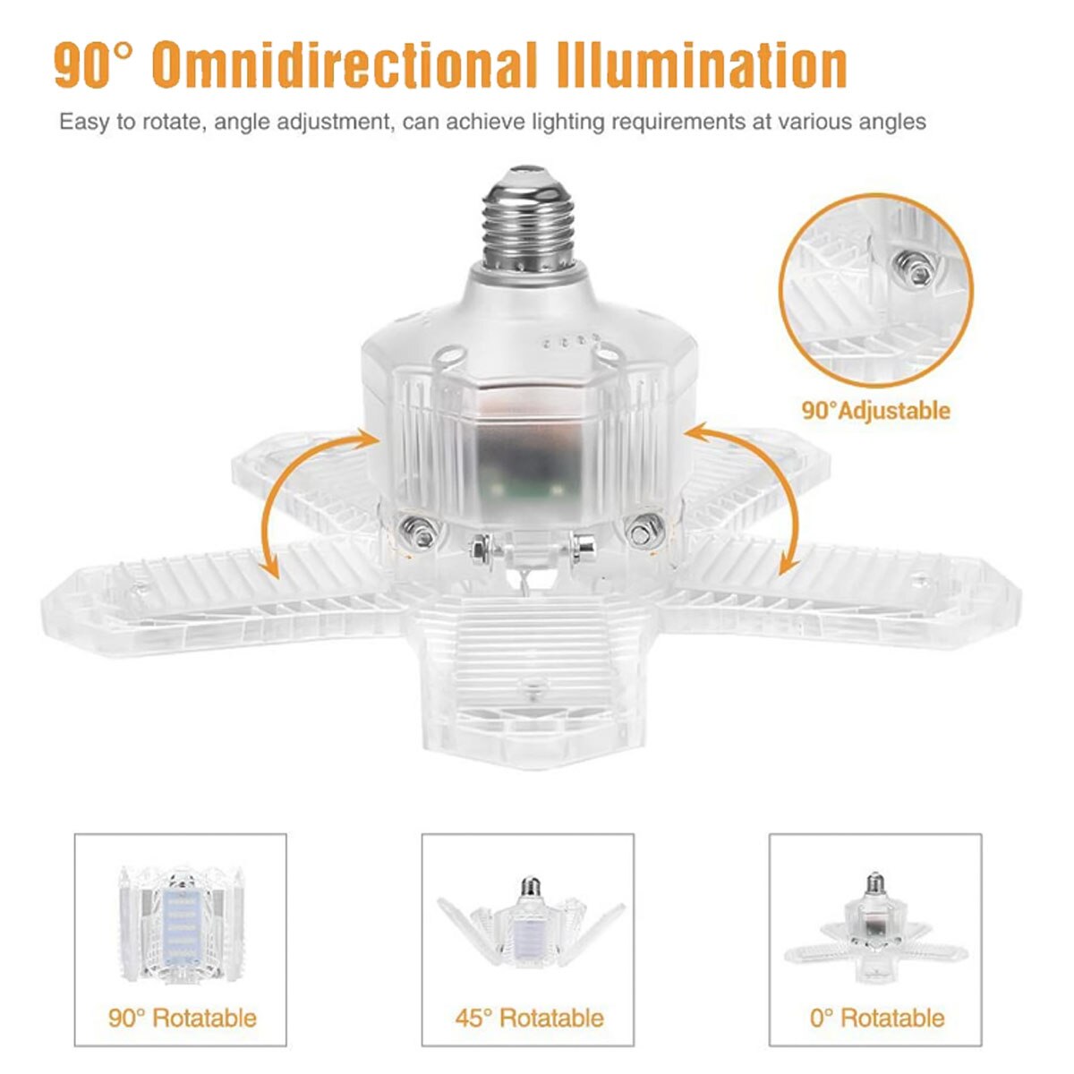 100W 5 Adjustable Panels LED Garage Light E26/E27 Deformable Ceiling Light Warehouse Lighting Bulb For Home Workshop