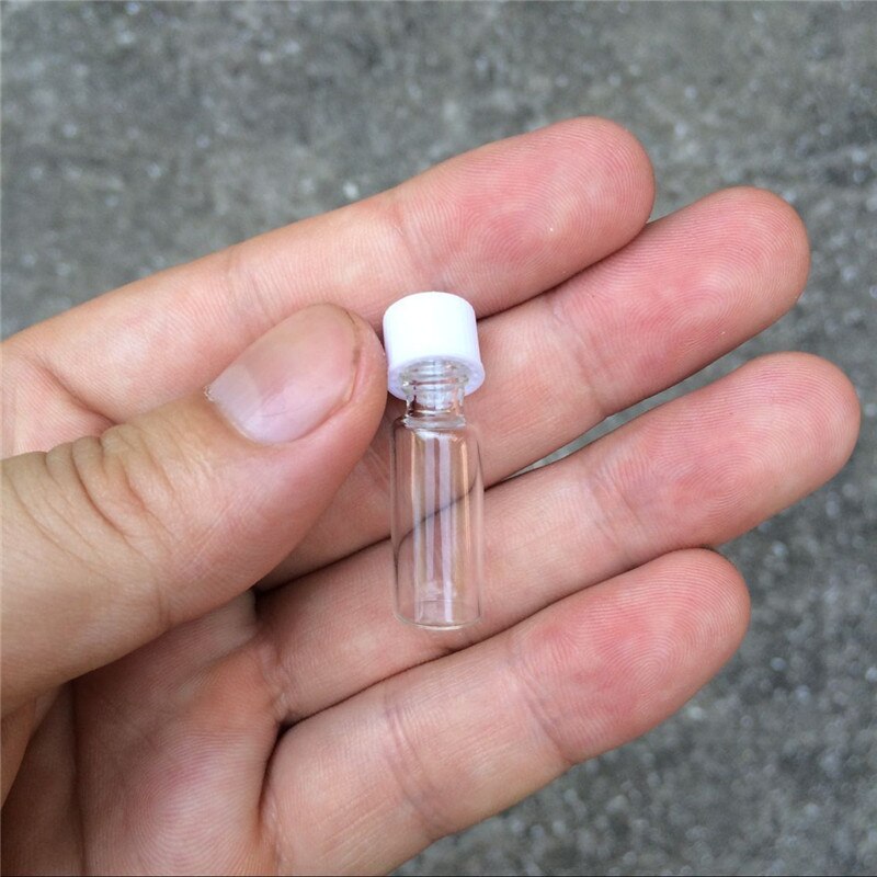 1ml miniglasflaskor flaskor vit plastlock tomma små genomskinliga glasflaskor skruvkork 10*28*6mm 100 st