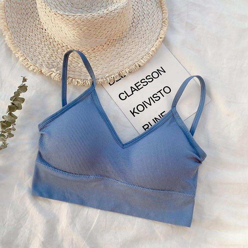 Cross sling big U-shaped back wrapped chest bra no steel ring girl with chest cushion bottoming backless underwear girl: sky blue