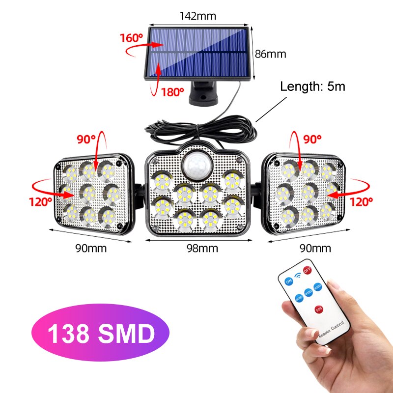 Solar LED Light Outdoor 108 LED 3 Head Motion Sensor Remote Control Lamp 270 Wide Angle Illumination Wall lamp Flood Lights: Separation-138 SMD