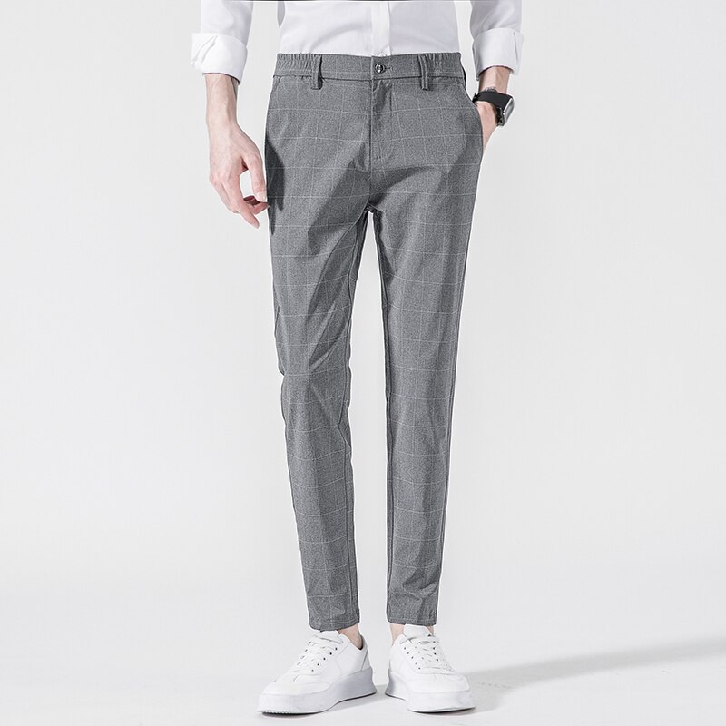 Classique costume pantalon hommes mince rayé Plaid pantalons droits décontracté vêtements pour hommes bureau affaires rétro ville costume pantalon: Gray / 32
