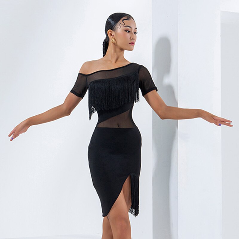 Latin Dance Dress For Women Fringe Competition Dress Black Irregular Dress Party Show Samba Salsa Dance Costumes DNV14632