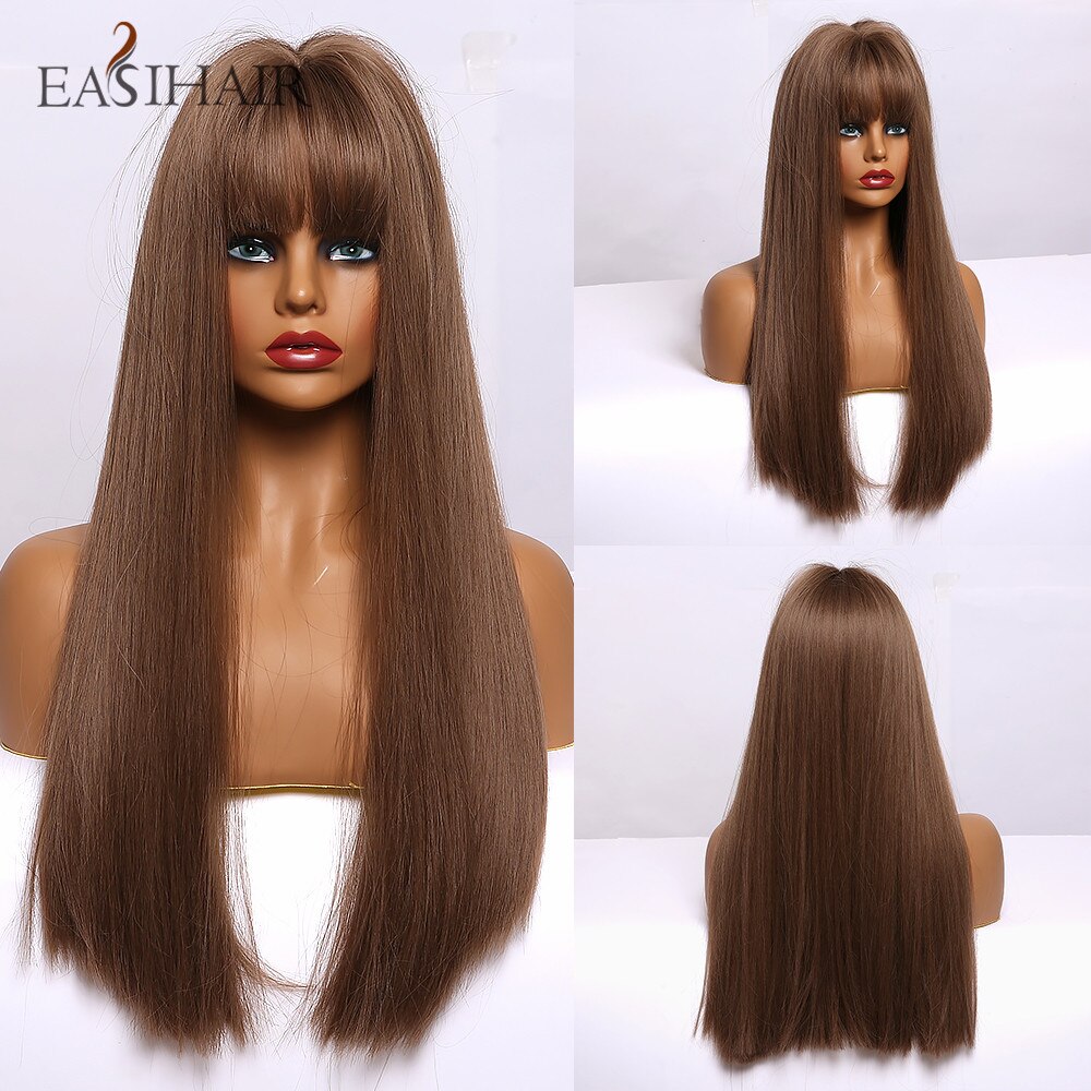EASIHAIR, pelucas largas rectas de color negro a marrón con flequillo, pelucas sintéticas de pelo Natural, pelucas de Cosplay diarias, resistentes al calor