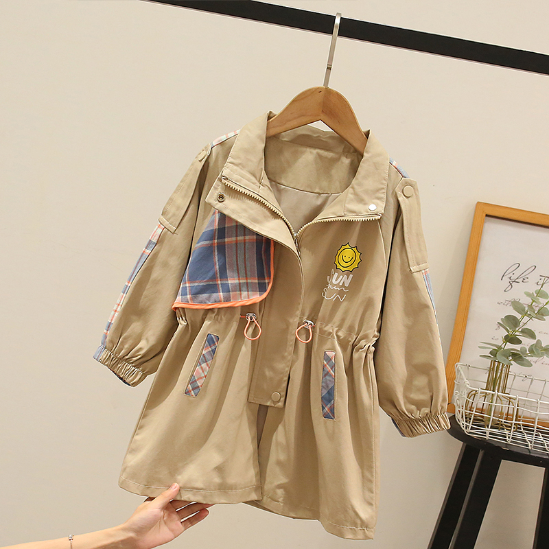 2022 autunno bambini Patchwork Trench giacca a vento ragazze allentate Casual cerniera giacche giacca in vita moda bambini top abbigliamento: Dark khaki / 6