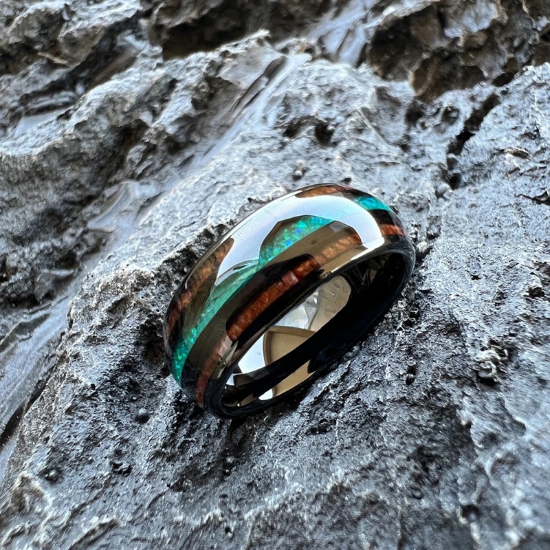 Anillo de tungsteno negro de 8Mm para hombres y mujeres, anillo de compromiso de boda, joyería de , incrustaciones de madera de Koa de ópalo verde, ajuste cómodo