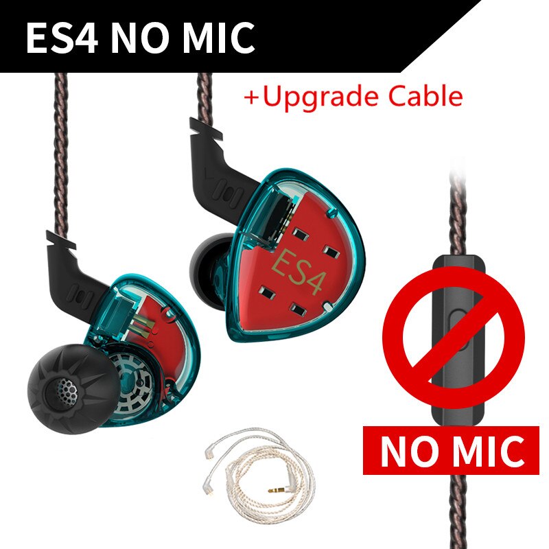 KZ-auriculares internos Hifi híbridos ES4 1DD + 1BA, con controlador dinámico, cancelación de ruido, Cable de repuesto, AS10, ZS10, BA10, ZST, ES3, ZSN: cyan no mic(silver