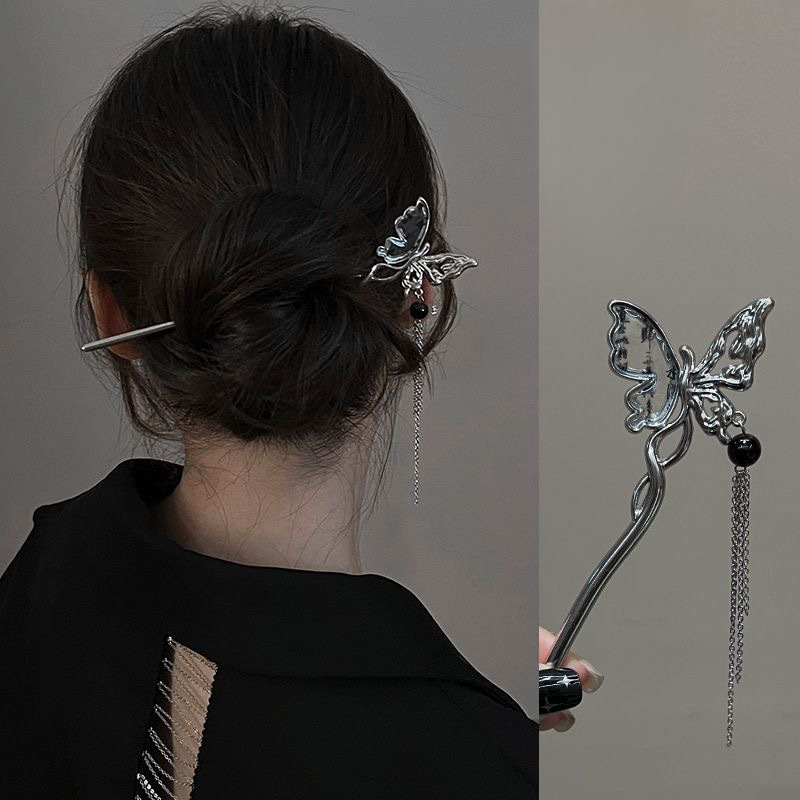 Ancient Chinese Style Butterfly Tassel Hair Stick for Women Girls Classical Hairpin Chinese Hair Accessories Jewelry: Light Yellow Gold Color