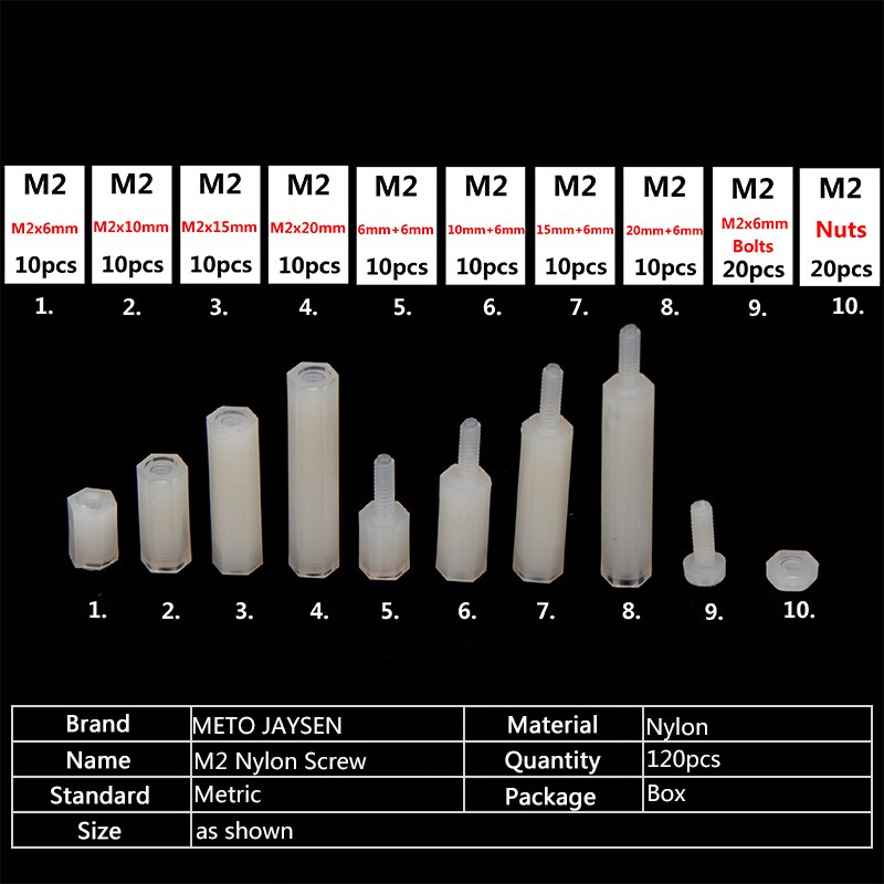 120 Pcs M2 Hex Nylon Spacer Standoff Schroef Witte Mannelijke Vrouwelijke Afstand Plastic Moer Assortiment Kit
