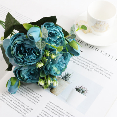 30cm pioner kunstig rose blomster bukett silke pion brud som holder blomster bryllup hjemmedekorasjon fest diy faux vår: Blå