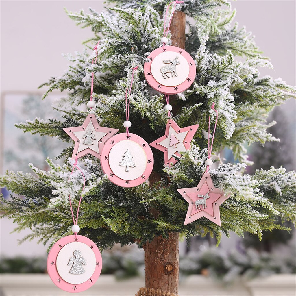 Kerst Roze Houten Vijfpuntige Ster Hanger Creatieve Hanger Pentagram Stroomden Kerstboom Houten Vijf-Pointe