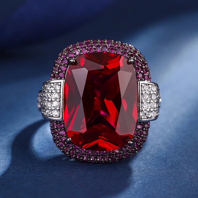 Anelli di smeraldi rubini color argento per le donne Fedi nuziali con diamanti da laboratorio Pietra preziosa Cocktail Party Gioielleria raffinata Regalo di anniversario femminile: Rosso